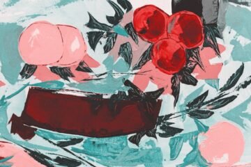 teal and pink cherry print garment